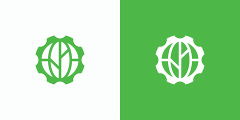 Vector logo design illustration of a green globe outline with a leaf outline in the middle and gears around it.
