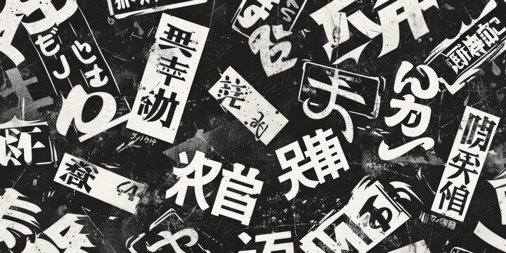 Generative AI, vintage grunge Japanese calligraphy letters collage black background. Different textures and shapes