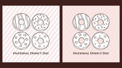 National donut day square greeting cards. Minimal monochrome backgrounds designs set. Vector illustration