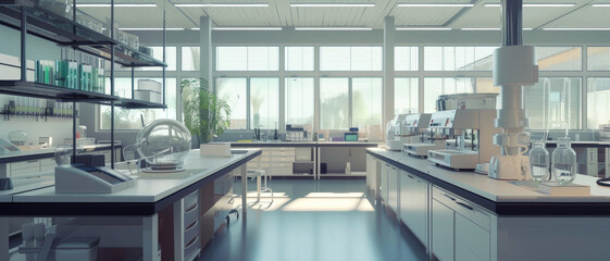 A sunlit modern laboratory brimming with scientific equipment, epitomizing a space of innovation and research