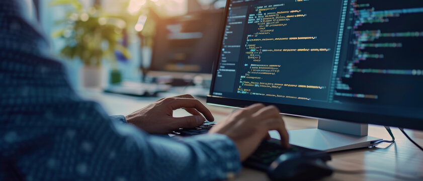 A focused programmer codes on a computer, his hands and the screen aglow with lines of code, symbolizing technological creation - Powered by Adobe