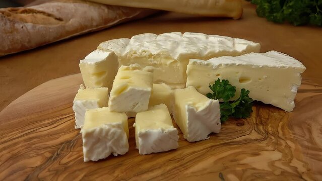 Soft brie cheese cubes on rustic wooden board