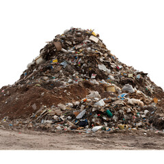 Landfill site with piled-up waste isolated on white background, cinematic, png
