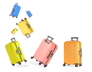 Colorful stylish plastic suitcases for travel with wheels and retractable handle. Travel concept.