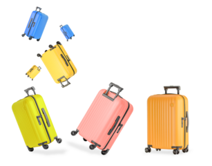 Colorful stylish plastic suitcases for travel with wheels and retractable handle. Travel concept.