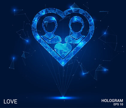 Two human are cold heart. Wireframe glowing low poly heart. Design on dark blue background. Abstract futuristic vector illustration.