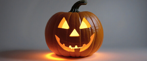 Halloween decoration: Jack-o-lantern glowing in a lit darkness.