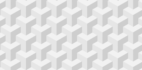 Abstract white and gray seamless pattern cubes geometric tile and mosaic wall or grid backdrop hexagon technology. white and gray geometric block cube structure backdrop grid triangle background.