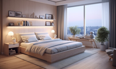 Bedroom with a comfortable bed and natural light from the window, generated by ai