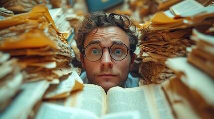 Shocked businessman sitting at the table with many papers in office. Generative Ai. 