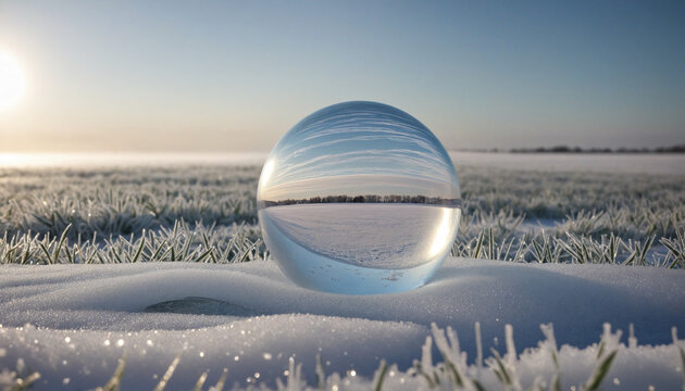 transparent frozen ball in the field, winter season beautiful backrgound
