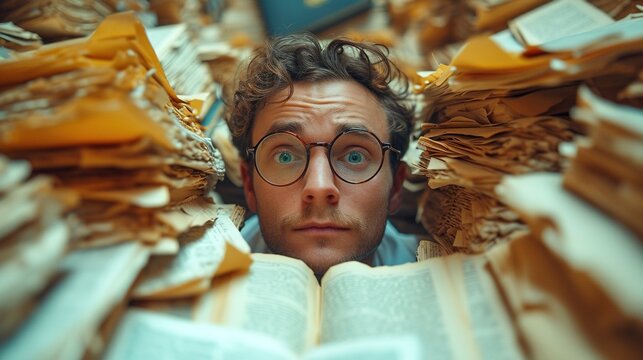 Shocked businessman sitting at the table with many papers in office. Generative Ai. 