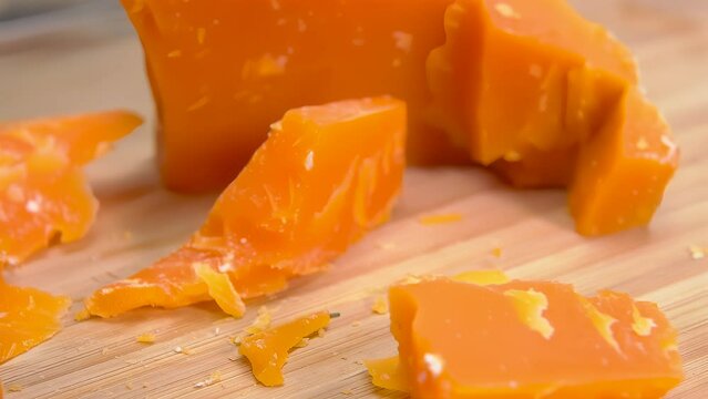 a knife breaks off a piece of hard Mimolette cheese close-up. High quality 4k footage