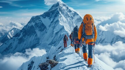 Group of climbers reaching the summit. Team work concept. Generative Ai.  - Powered by Adobe