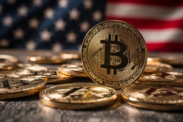 Bitcoin coin, cryptocurrency market, America flag