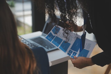 Close up ux developer and ui designer use augmented reality brainstorming about mobile app...