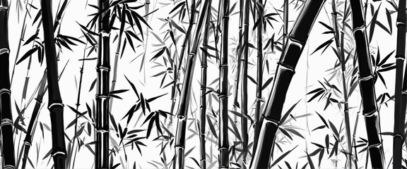 hand-drawn bamboo illustration, black and white background template, Asian traditional ink painting - obrazy, fototapety, plakaty