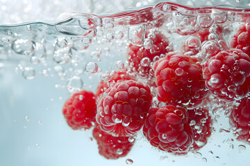 Fresh raspberries falling in water