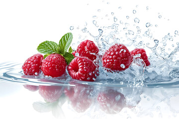 Fresh raspberries falling in water