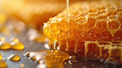 Gold honey in honeycomb closeup. Bee products with fresh honeycomb, honey products by organic natural ingredients concept. Generative Ai. - obrazy, fototapety, plakaty