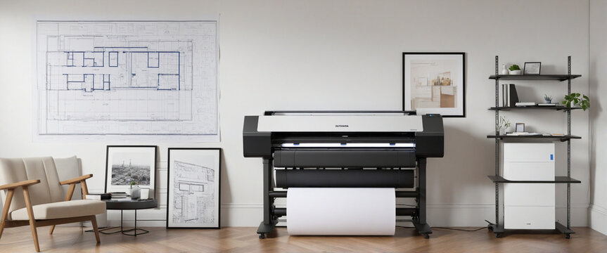 professional large format plotter at an engineering office printing design blueprints as wide banner with copy space area.