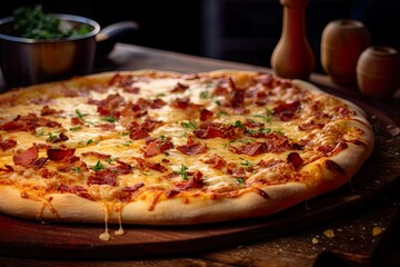 Delicious carbonara pizza with bacon on a wooden table