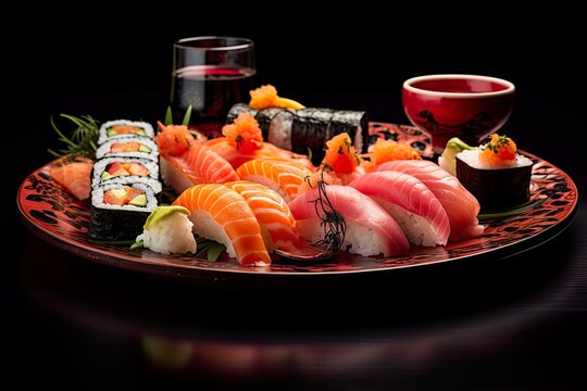 Delicious shushi dish with its sauces