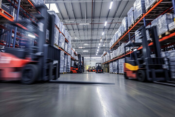 Low angle of blurred forklifts in the background of a large modern warehouse. The working concept of logistics and workers. - obrazy, fototapety, plakaty
