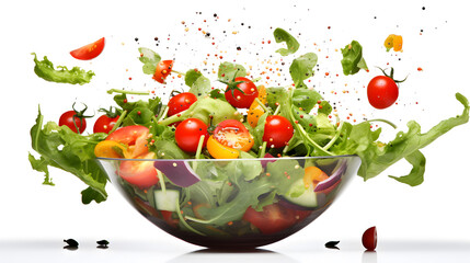 Vegetable salad in levitation. Flying pieces of salad over a glass bowl  isolated on white 