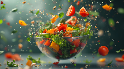 Obraz na płótnie Canvas Vegetable salad in levitation. Flying pieces of salad over a glass bowl isolated on white 