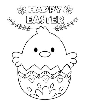 Easter chick coloring pages for kids. Painting for kindergarten and elementary school children . Children's coloring activity sheet. Cute Illustration to color.