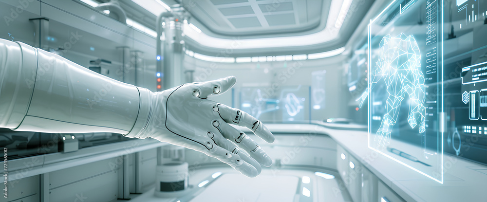 Poster robotic arm in laboratory using robot to help work science concept for the future.