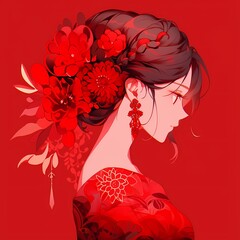 a beautiful girl wih flowers red background