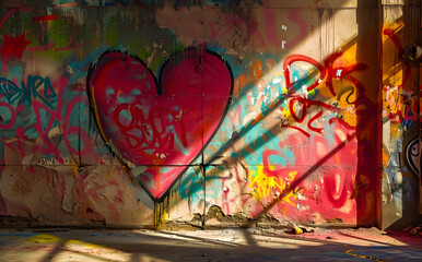 Urban Romance: Graffiti Heart Wall in Vivid Pastel Pastich, a photorealistic pastiche heart wall with graffiti, a vibrant symbol of urban romance in lovely decay.
