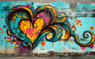 Romantic Revelry: Graffiti Canvas Splashed in Humor and Heart, Vibrant graffiti on a large wall...