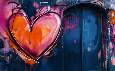 Urban Elegance: Graffiti on Dark Blue Door, Humor and heart intertwine in vibrant, shaped canvas graffiti on a dark blue door with a romantic atmosphere.