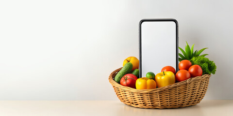 White screen smartphone is placed in a basket full of vegetables placed on a wooden table in the background of a white wall with the concept of online food market, agricultural, shopping, illustration
