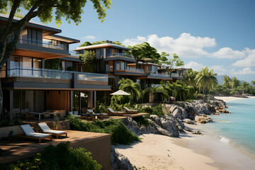 Fototapeta premium 3d rendering of modern cozy house with pool and parking for sale or rent. Luxury home on the beach with sea view and blue sky background.