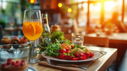  "Repas rafraîchissant : Assiette de salade fraîche avec verre de boisson orange"
