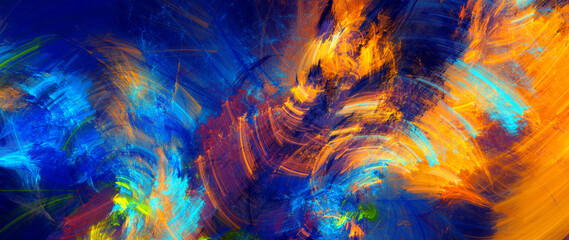 Art dynamic background with bright paint smears. Abstract color painting. Vibrant artistic strokes in motion. Modern banner. Fractal artwork for creative graphic design