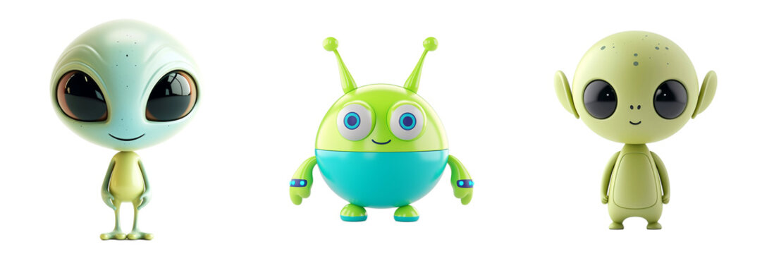 3d illustration of cute aliens. Collection of aliens and UFOs on transparent background png.