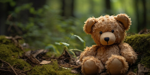 A teddy bear sits in the grass, A teddy bear with a cape and cape sits in a field of flowers, A teddy bear sits in a forest with a green background. 