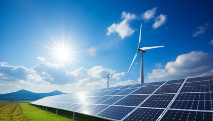 solar panels and air turbines in sunshine and with blue sky