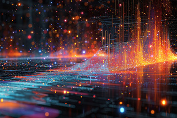 Naklejka premium Digital landscape with glowing particles and light streaks