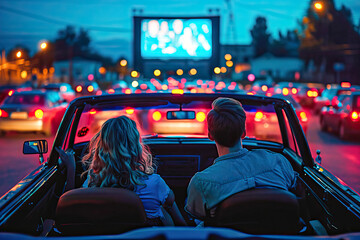 Young couple watching a movie from their convertible car in a summer cinema - Powered by Adobe