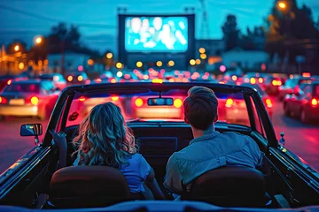 Fotobehang Young couple watching a movie from their convertible car in a summer cinema © Victor