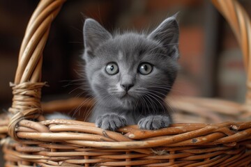 the_grey_kitten_looks_out_of_the_wicker_bask