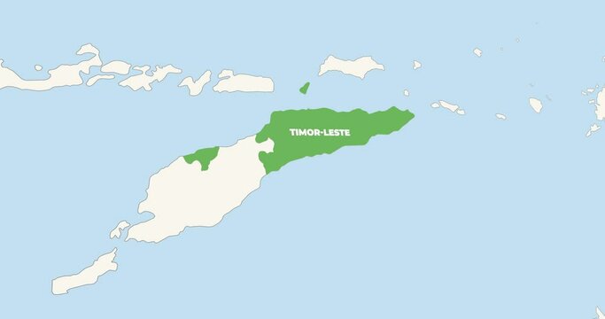 World Map Zoom In To Timor-Leste. Animation in 4K Video. Green Timor-Leste Territory On Blue and White World Map