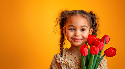 African American girl with bouquet of tulips isolated on orange - obrazy, fototapety, plakaty