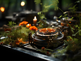 A stove is sitting on a campfire in a forest